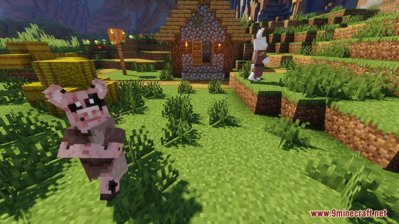Custom villager models with pig and rabbit heads near a small village house