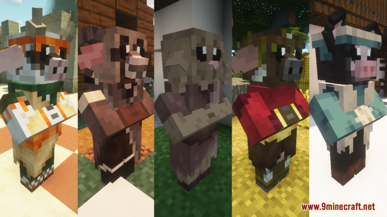 Close up view showing five different custom villager models with unique outfits