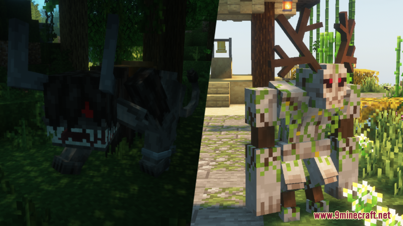 Custom models for a dark ravager and a mossy iron golem with branches