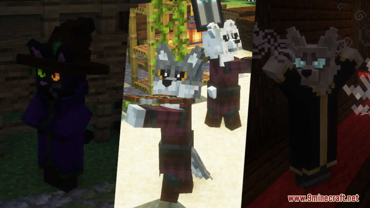 Custom animal models for illagers holding crossbows and a witch casting spells