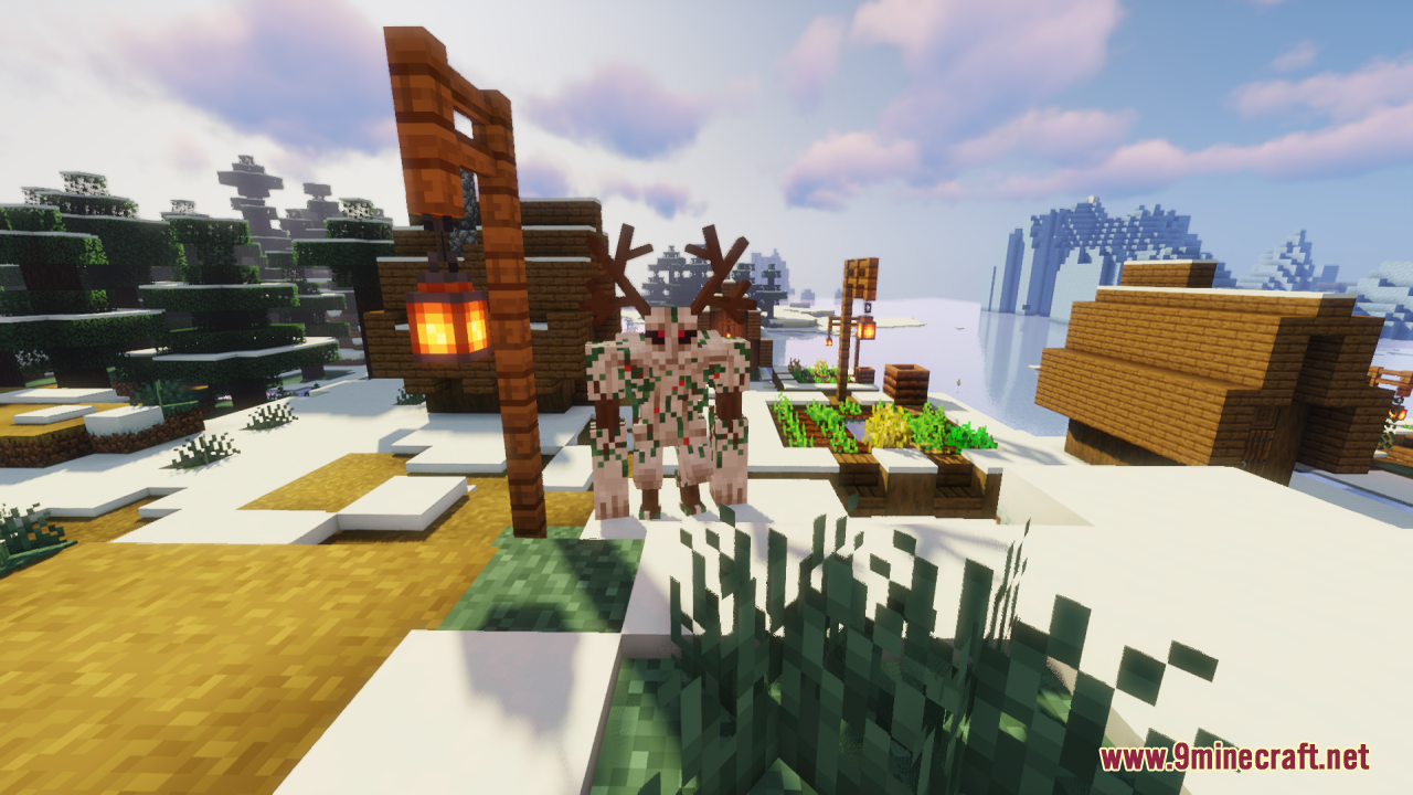 Redesigned iron golem featuring antlers and red eyes next to a lamppost