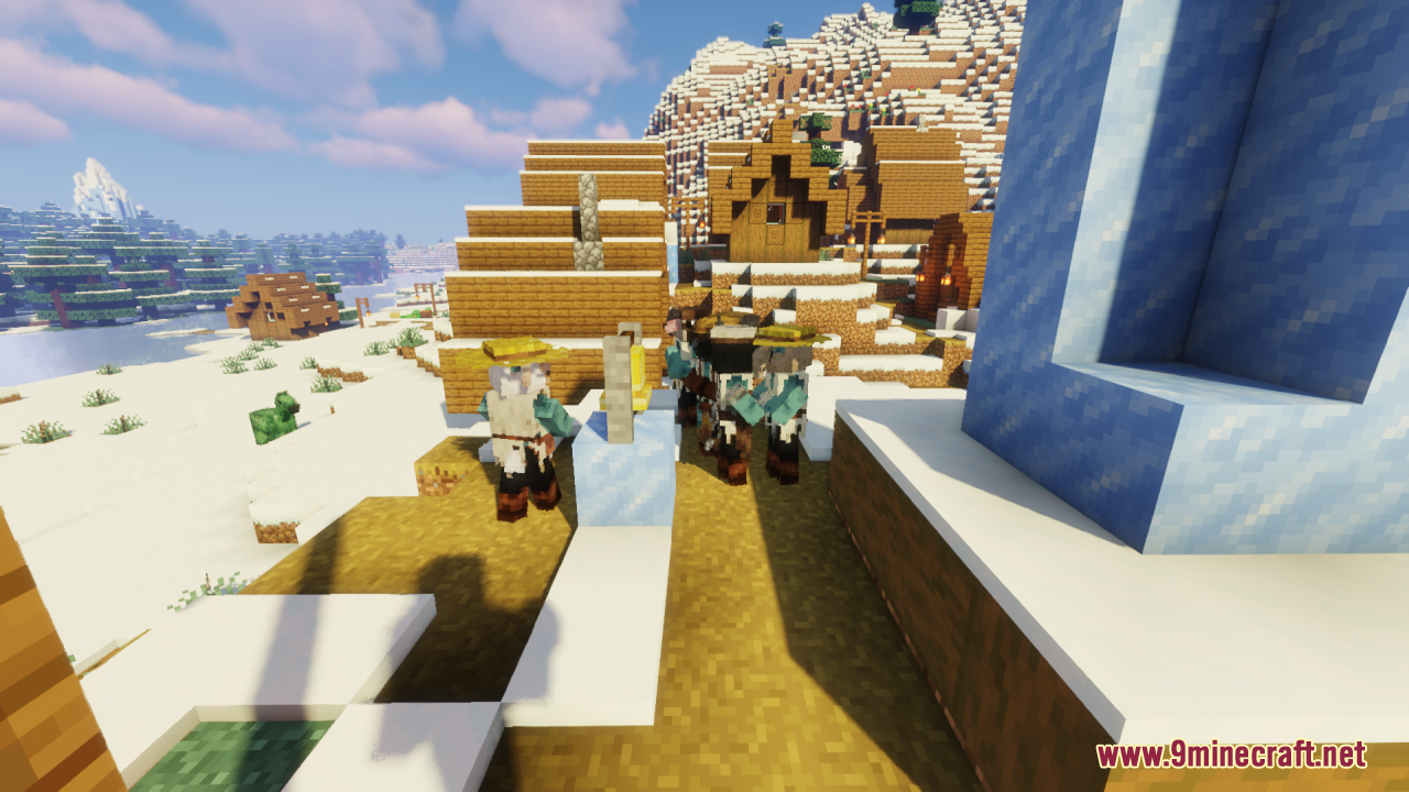 Custom modeled villagers gathered around a bell in a snowy Minecraft village