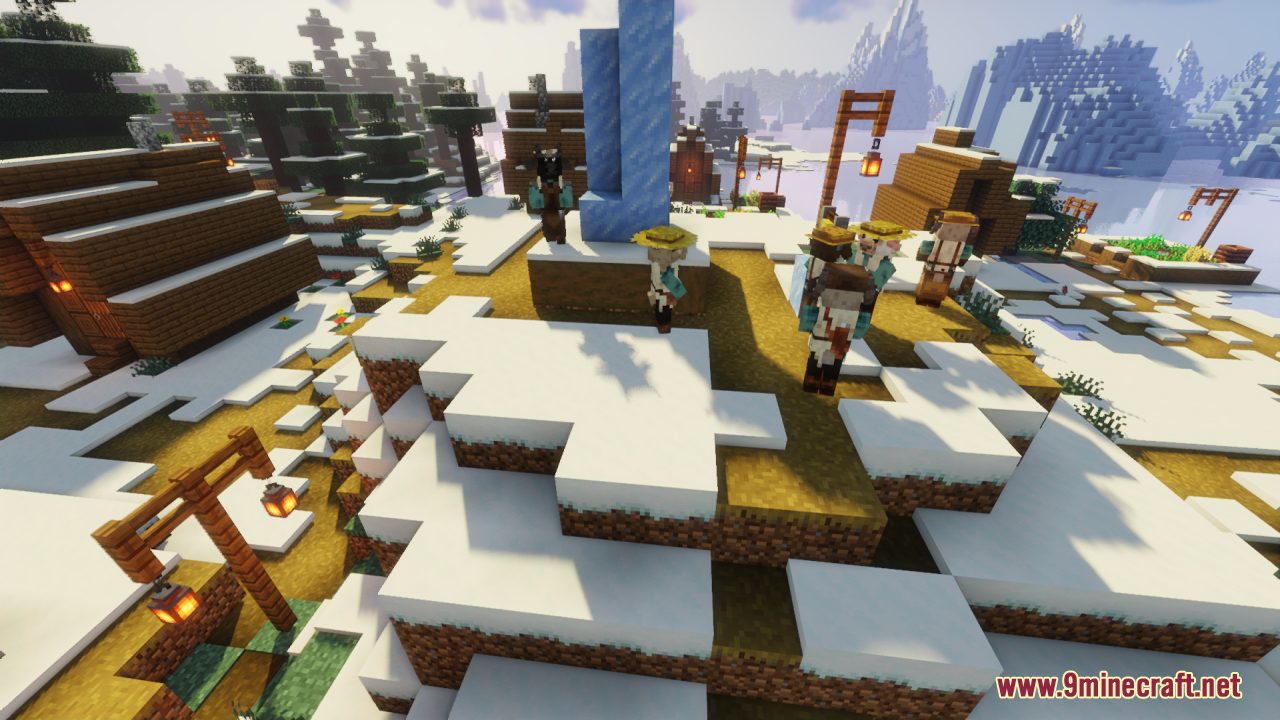 Villagers with updated outfits and models standing near an ice pillar structure
