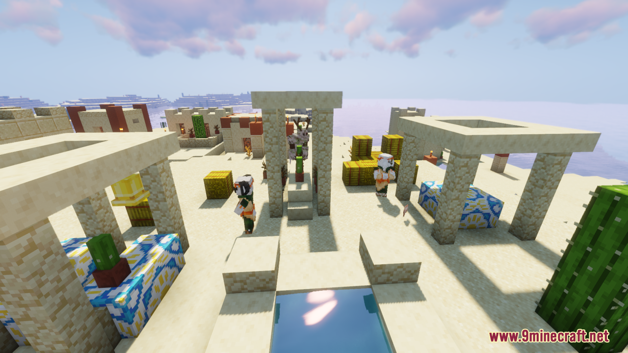 Custom villagers standing near market stalls and a well in a desert town