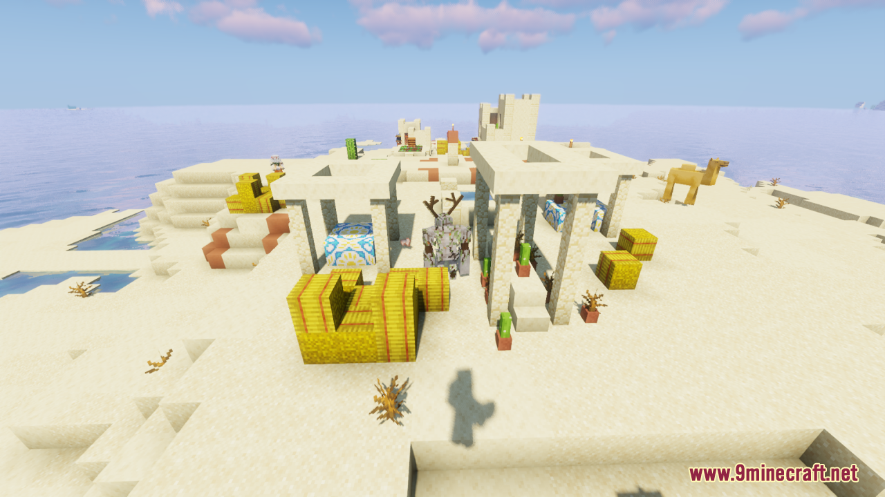 Redesigned iron golem with antlers standing in a sandy desert village