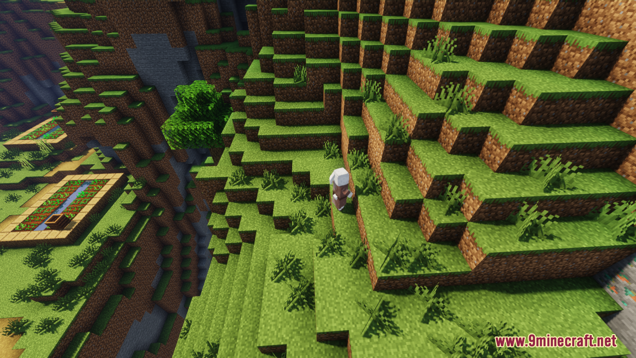 Villager wearing a white apron walking along a steep grassy hillside