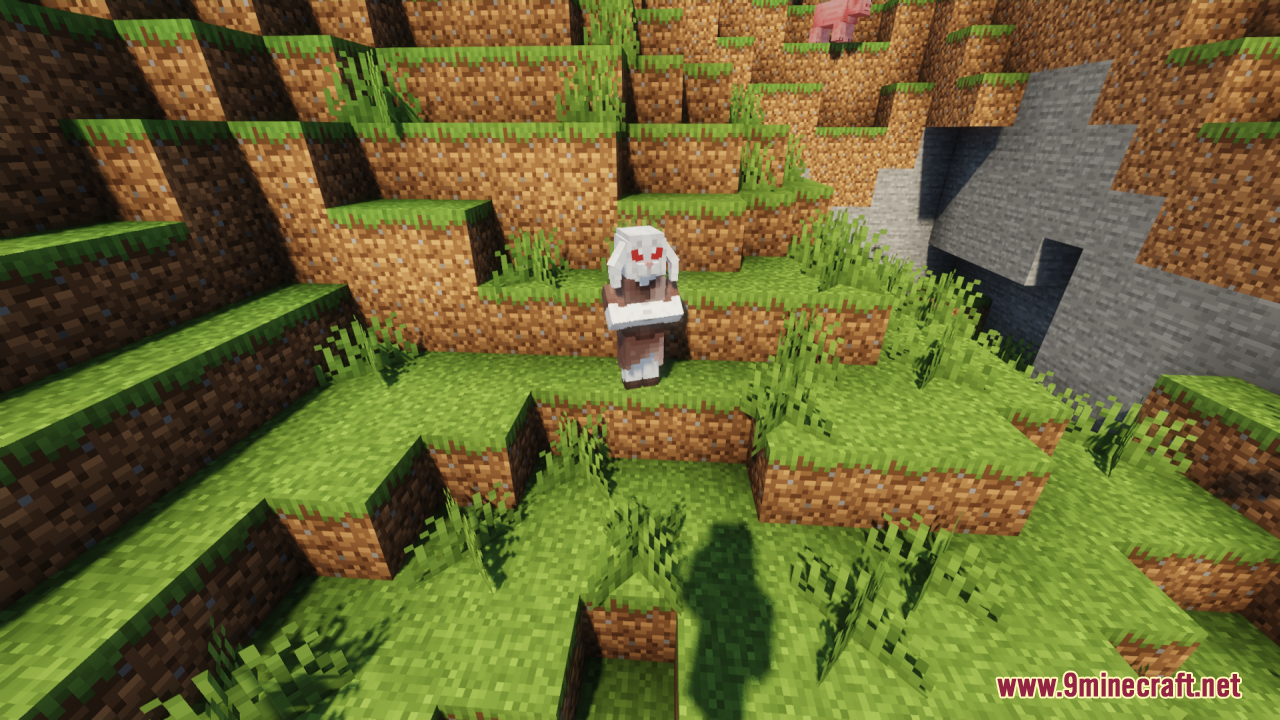 Custom villager model with a white rabbit head standing on a grassy hill