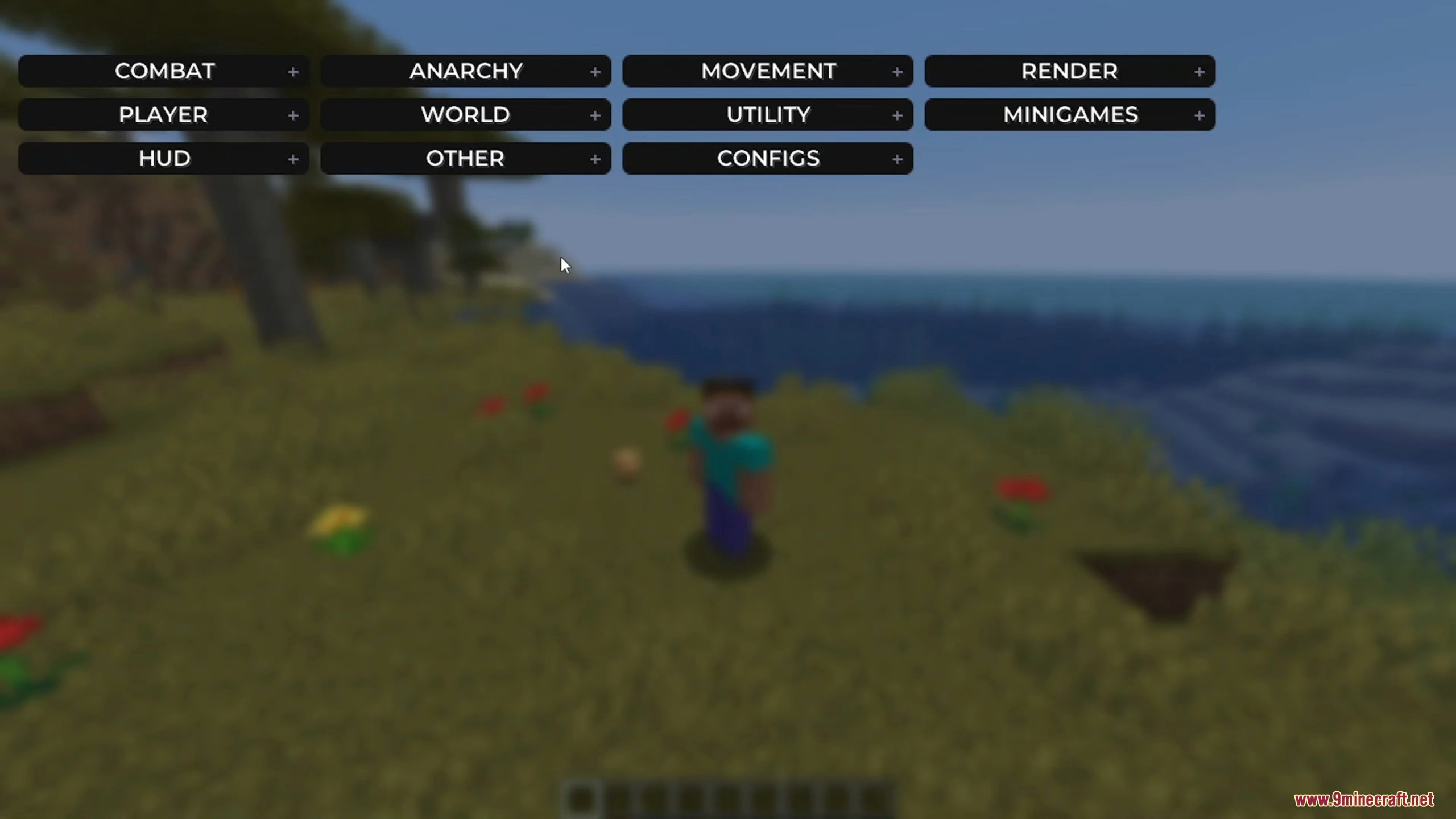 Collapsed cheat client interface menu displaying various module categories