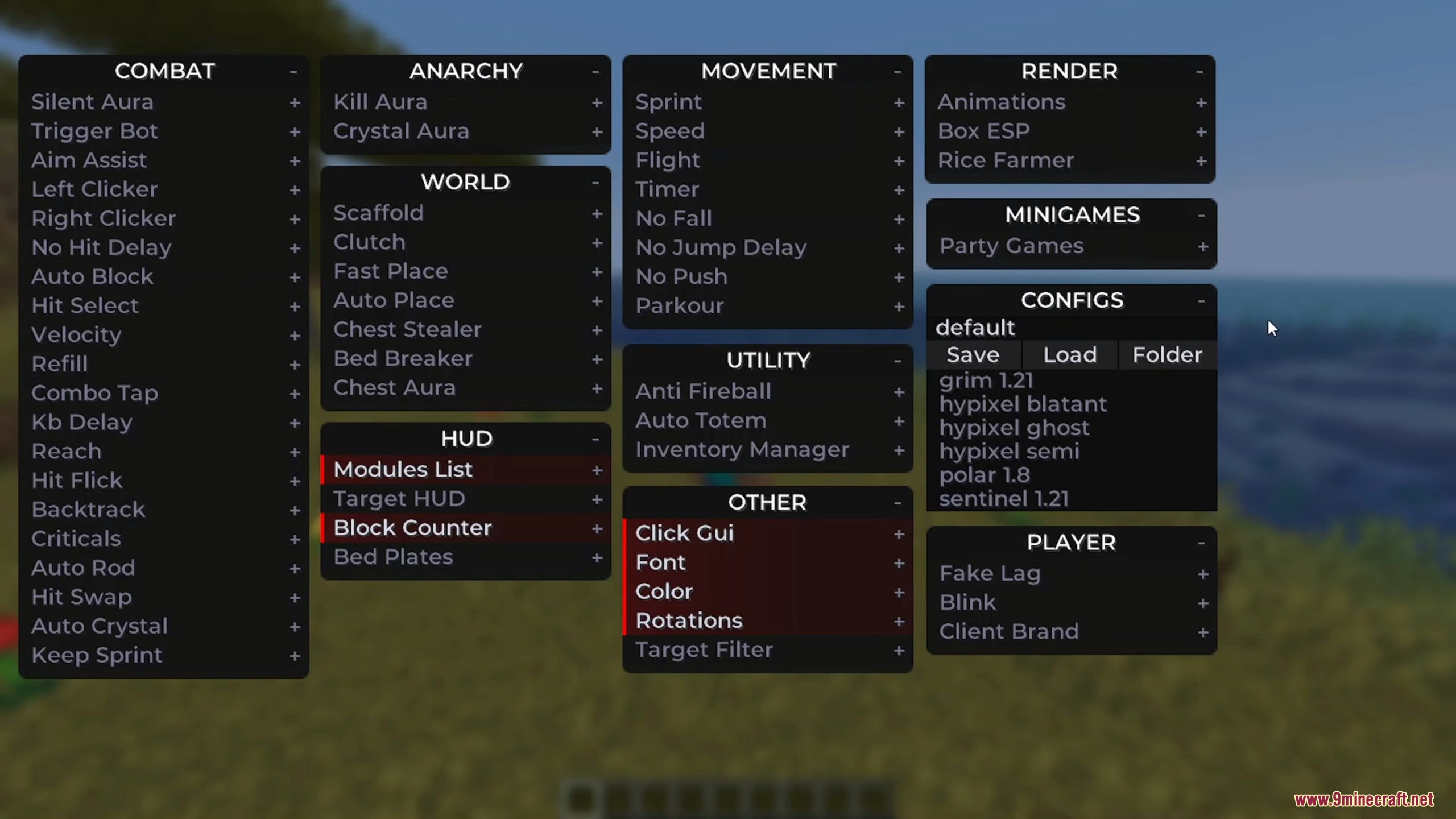 Expanded cheat client interface menu showing lists of specific modules