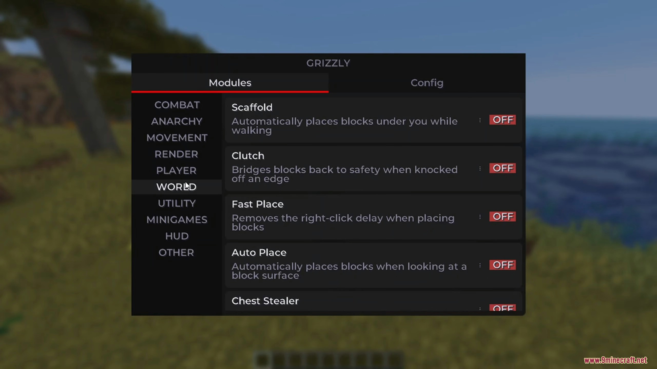 Grizzly client interface displaying world category modules such as scaffold and clutch
