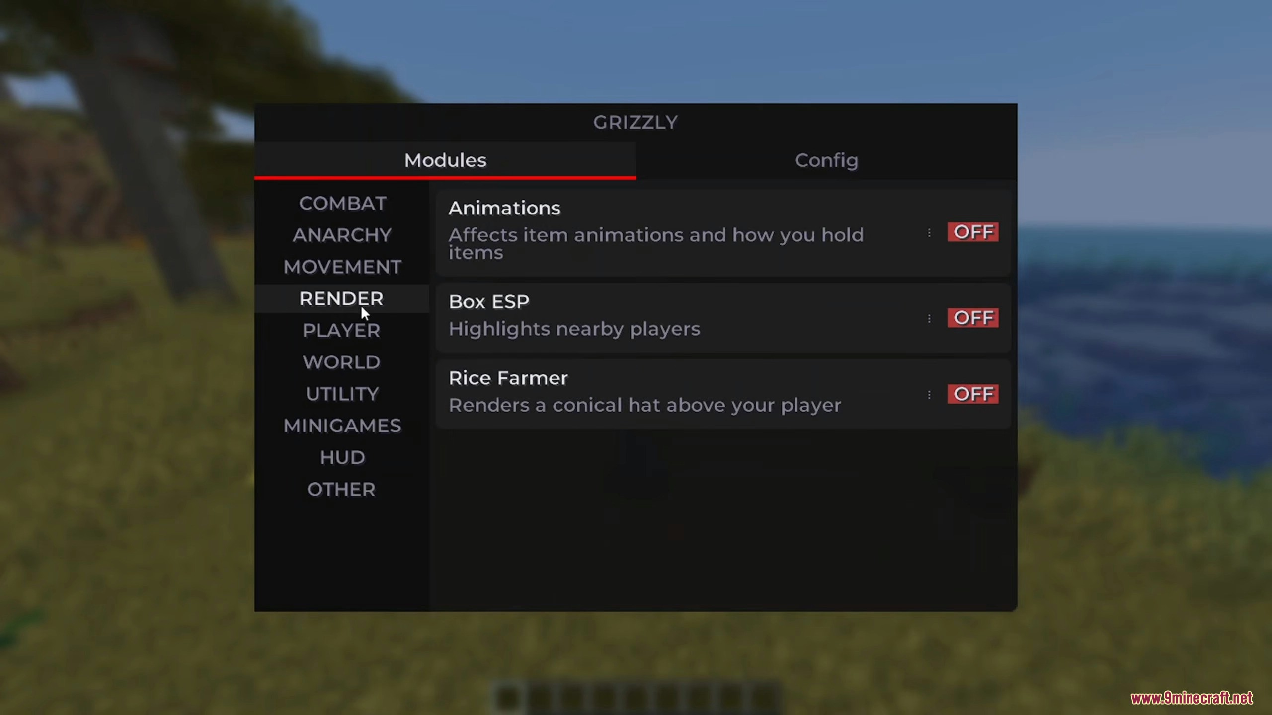 Grizzly client interface showing render category modules like box esp and animations