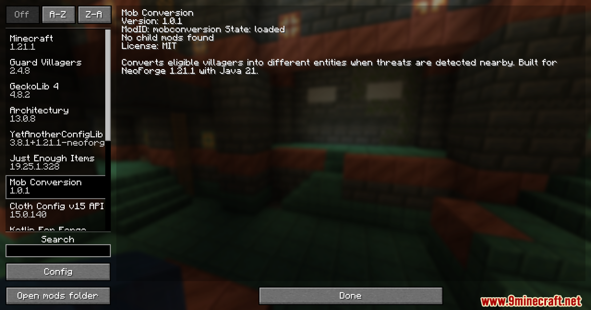 Guard Villagers Autonomous Villager Defense Mod Screenshot 1 A menu screen showing the Mob Conversion mod details and settings
