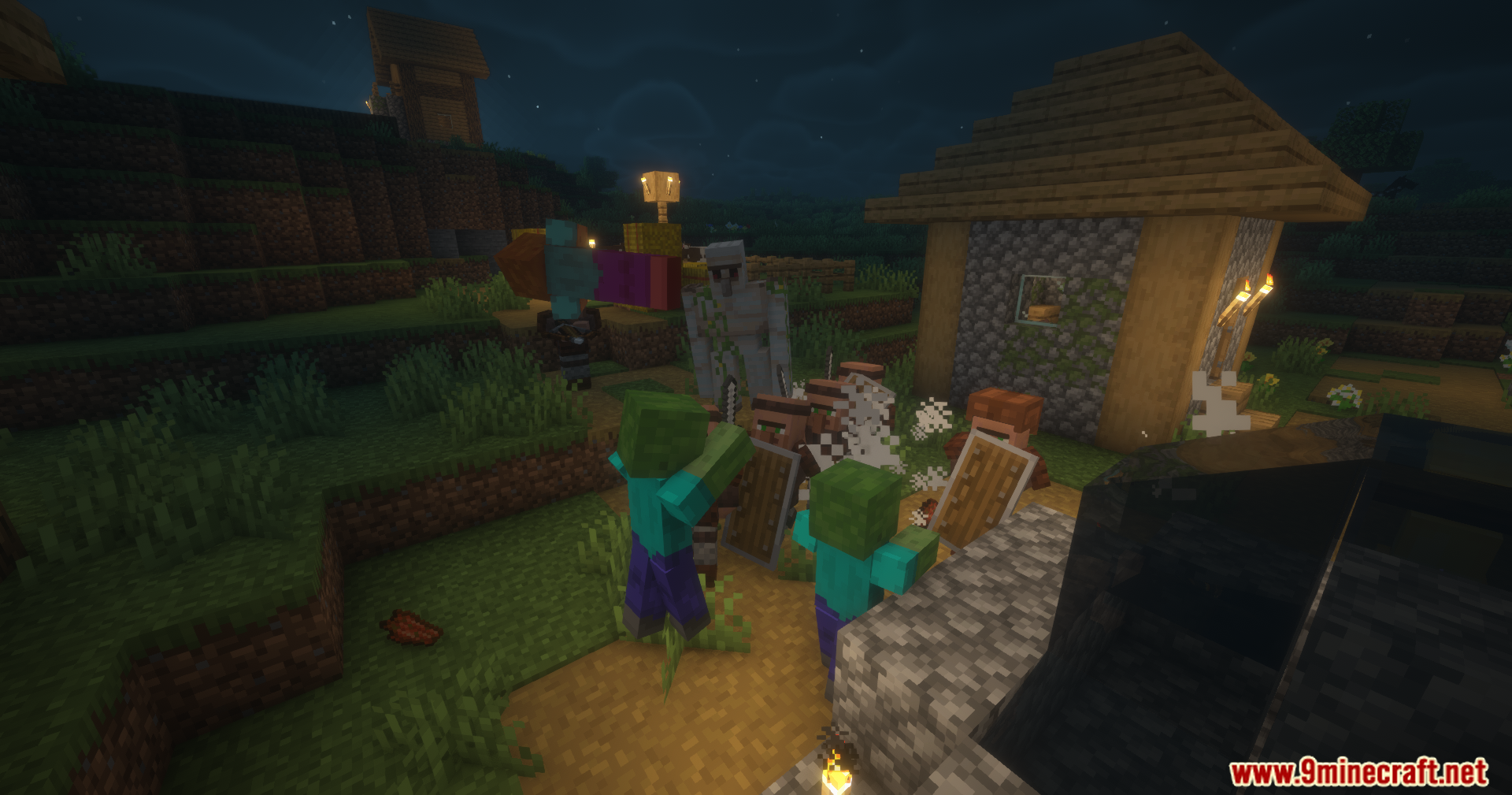 Guard Villagers Autonomous Villager Defense Mod Screenshot 10 Armed guard villagers using shields to block zombie attacks in a dark village