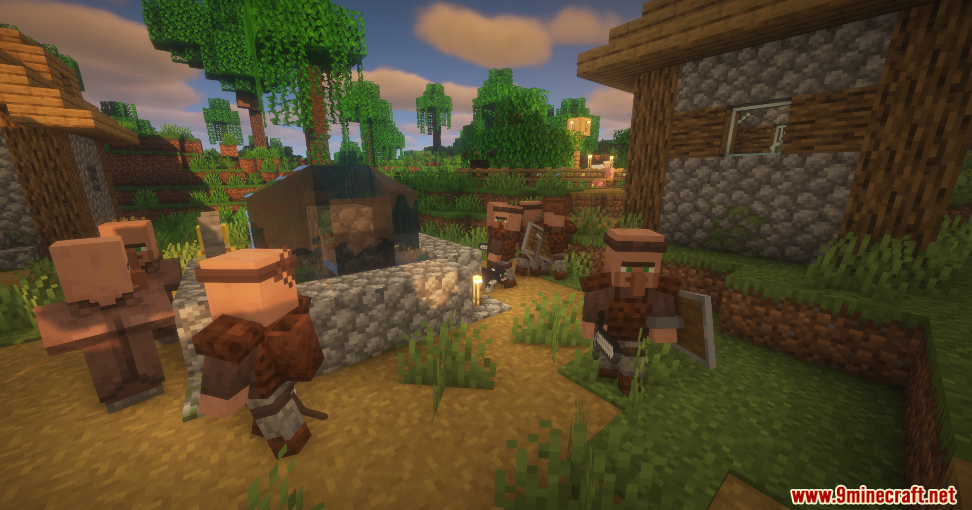 Guard Villagers Autonomous Villager Defense Mod Screenshot 2 Villagers gathered around a well, some equipped with armor and weapons