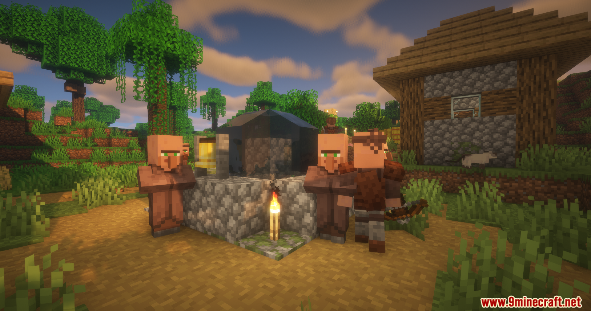 Guard Villagers Autonomous Villager Defense Mod Screenshot 3 Normal villagers and armed guard villagers gathering around a central village bell