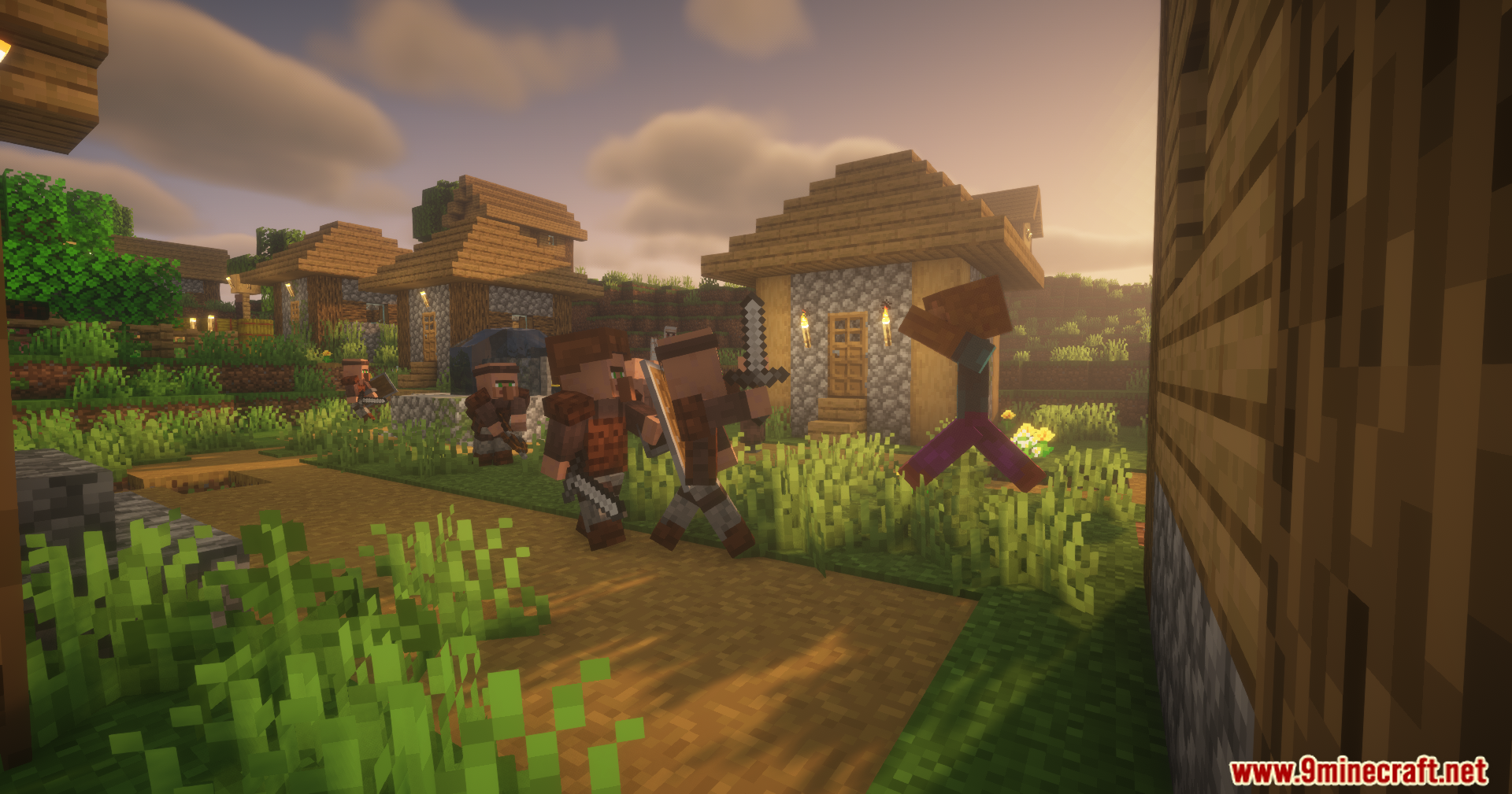 Guard Villagers Autonomous Villager Defense Mod Screenshot 4 Guard villagers using swords and crossbows to fight a zombie attacking the village