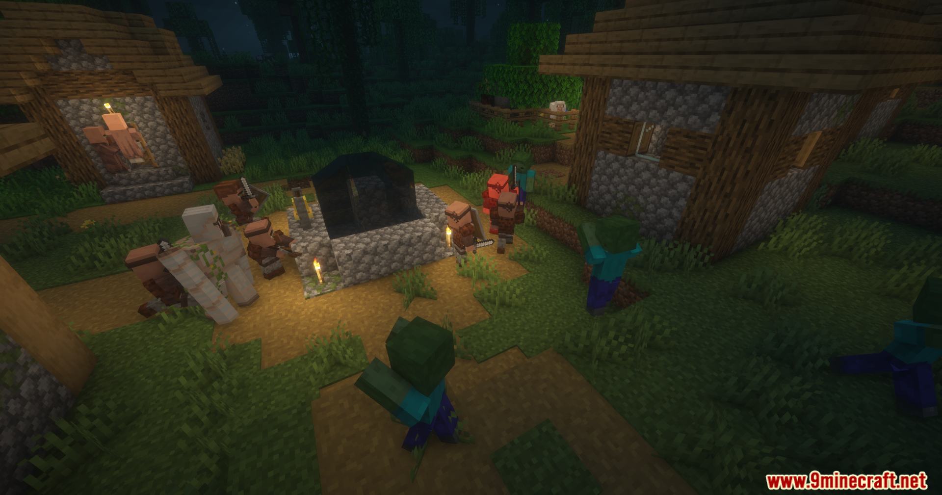 Guard Villagers Autonomous Villager Defense Mod Screenshot 5 Armed villagers defending their village from a zombie attack during the night