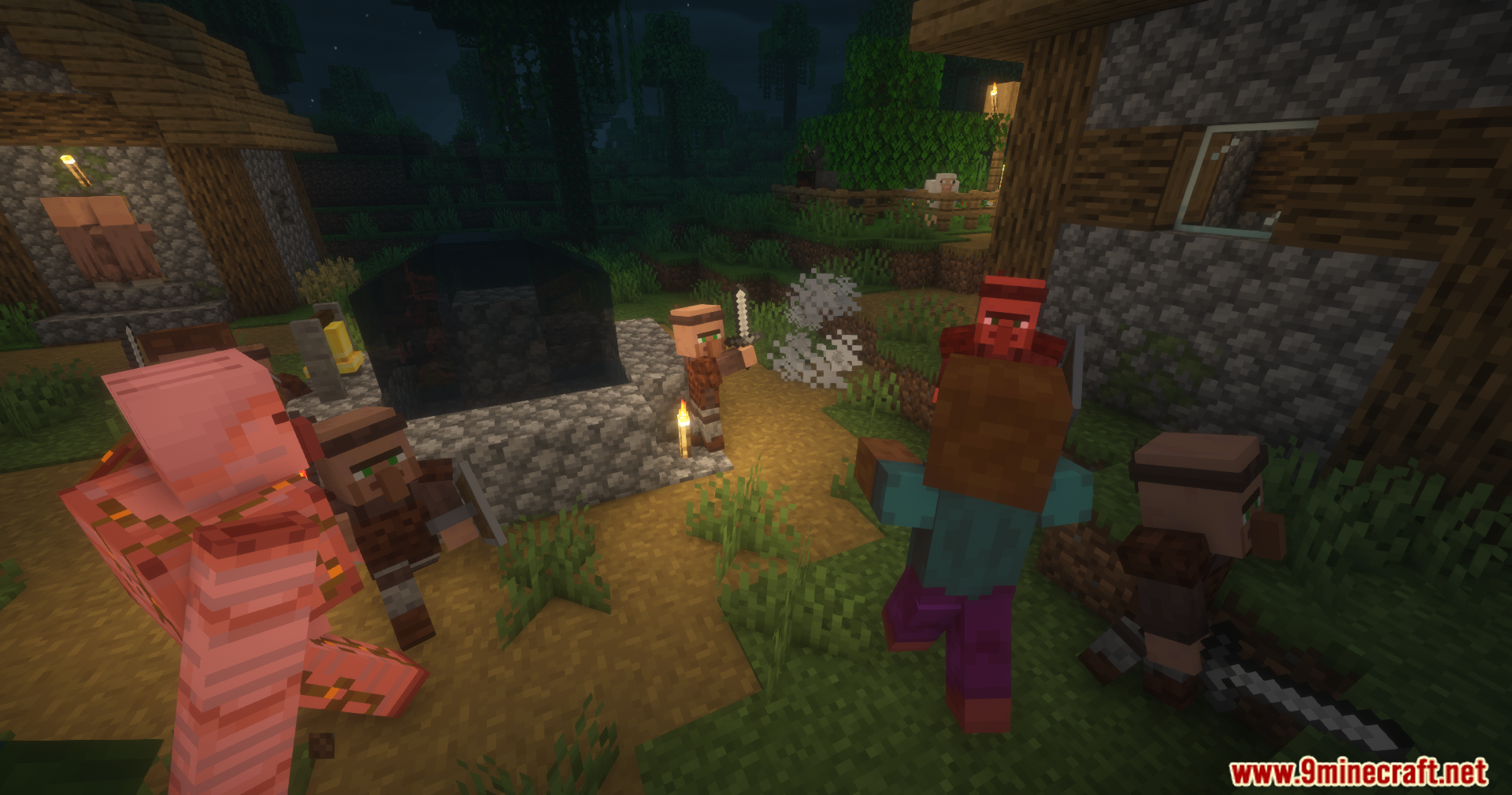 Guard Villagers Autonomous Villager Defense Mod Screenshot 6 Iron golem and armed villagers fighting zombies near the village well at night