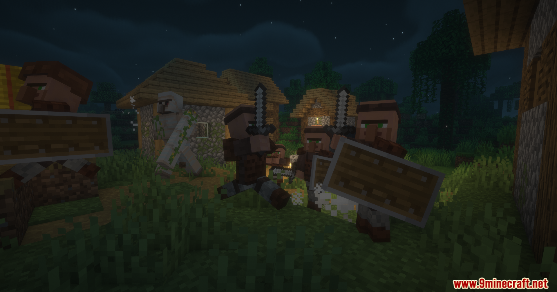 Guard Villagers Autonomous Villager Defense Mod Screenshot 7 Armed villagers with swords and shields defending their village at night
