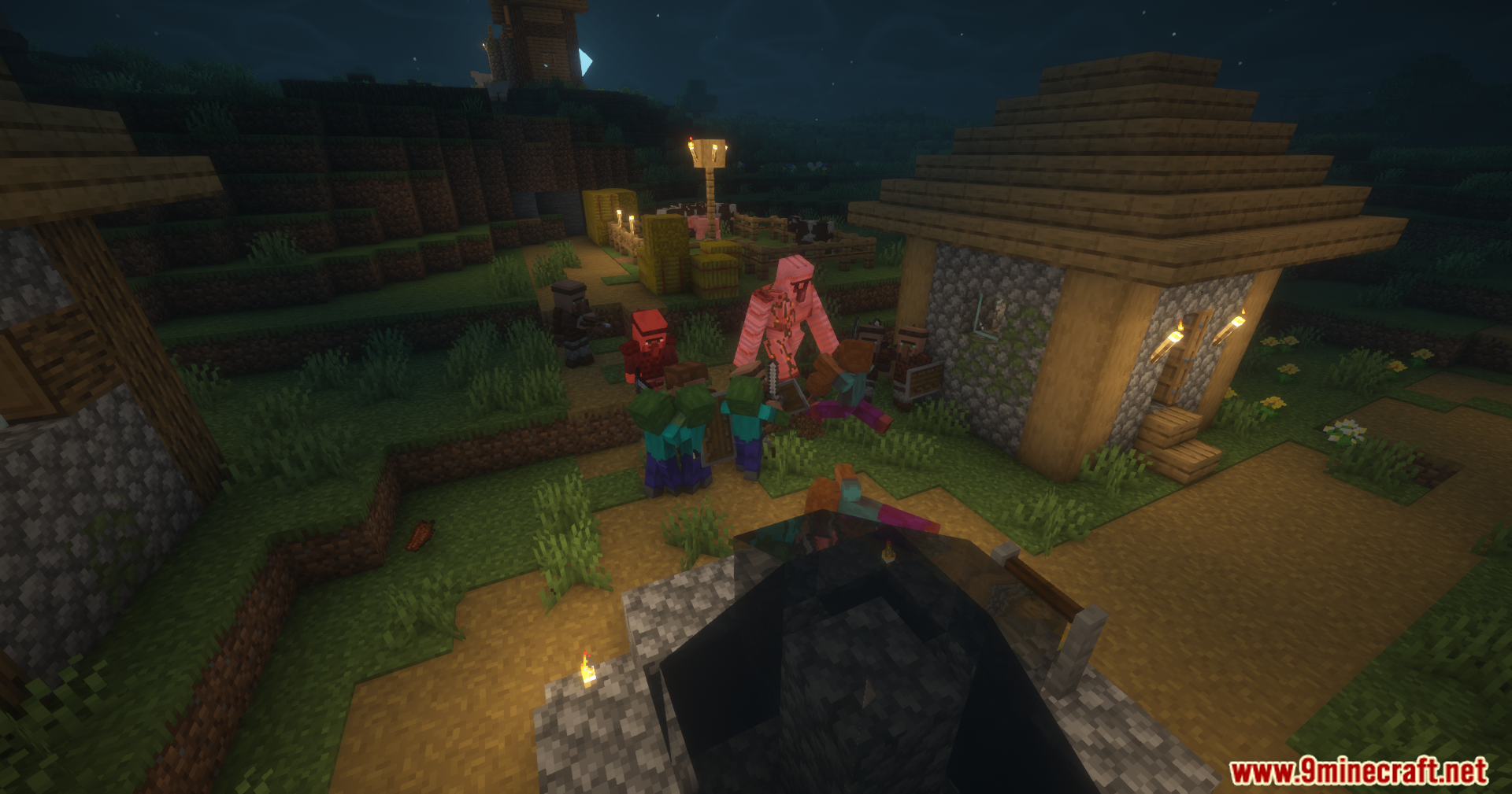Guard Villagers Autonomous Villager Defense Mod Screenshot 8 An iron golem and armed villagers fighting zombies in a village