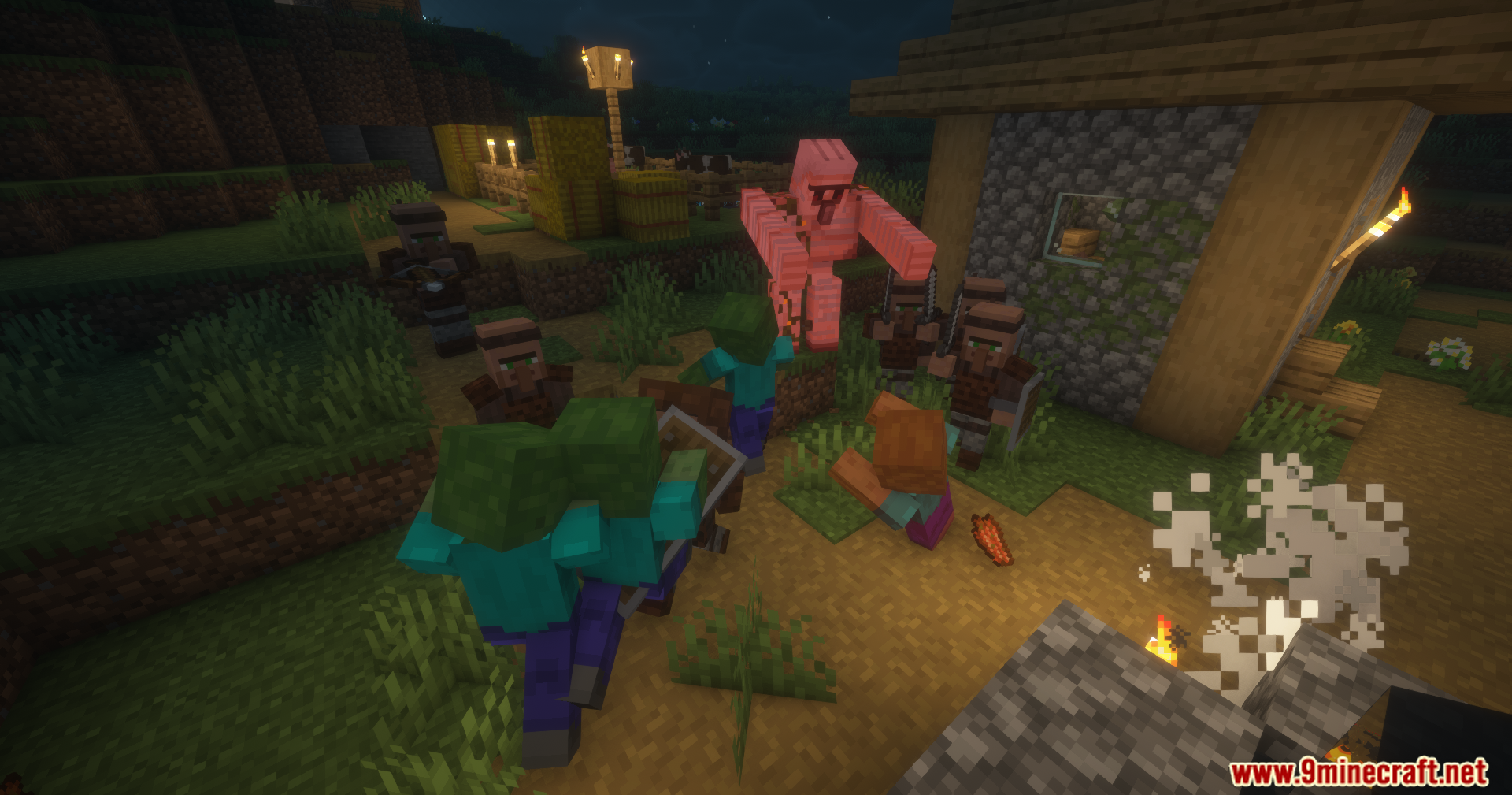 Guard Villagers Autonomous Villager Defense Mod Screenshot 9 Guard villagers and an iron golem fighting off a zombie attack at night