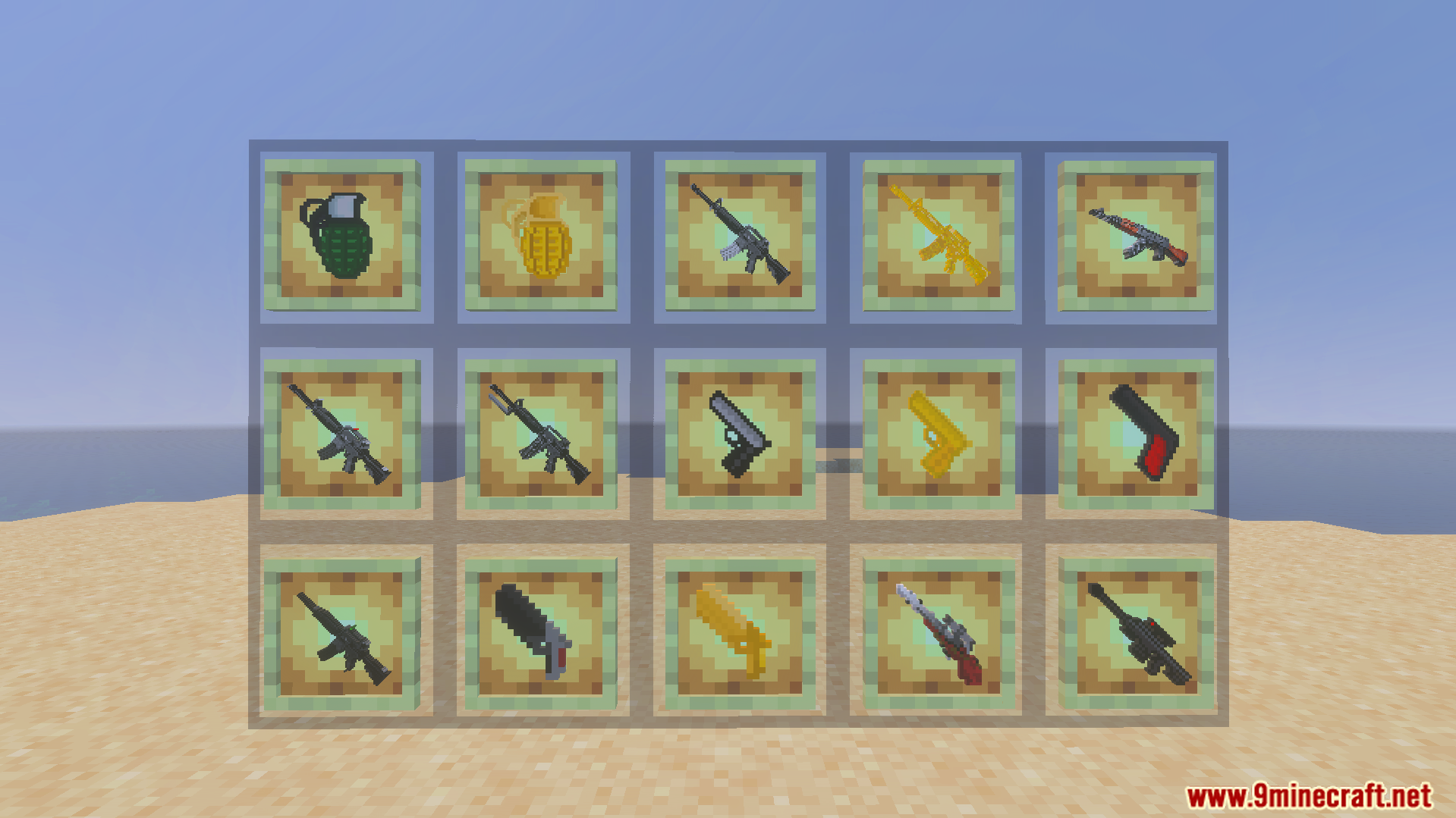 Gun Expansion Addon Screenshot 1 Grid of item frames displaying modern blocky guns and gold weapon variants