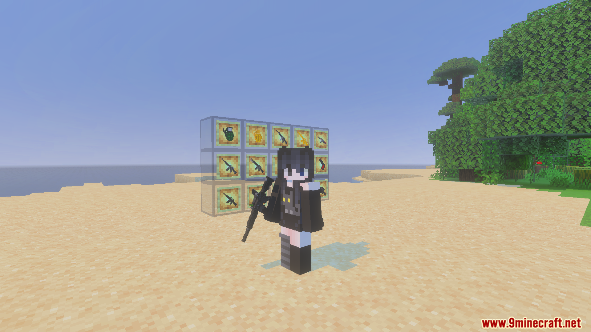 Gun Expansion Addon Screenshot 2 Player holding a modern blocky assault rifle standing near the weapon display