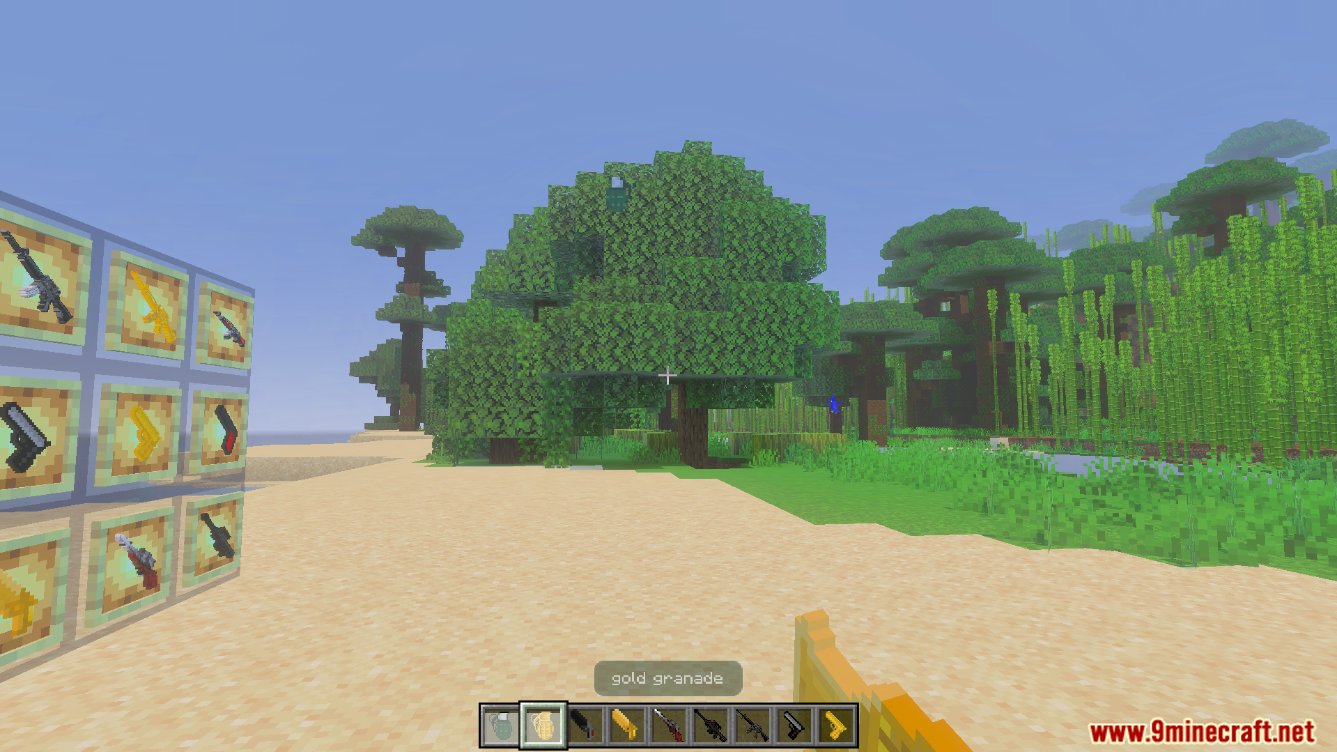Gun Expansion Addon Screenshot 3 Player holding a gold grenade in a jungle biome