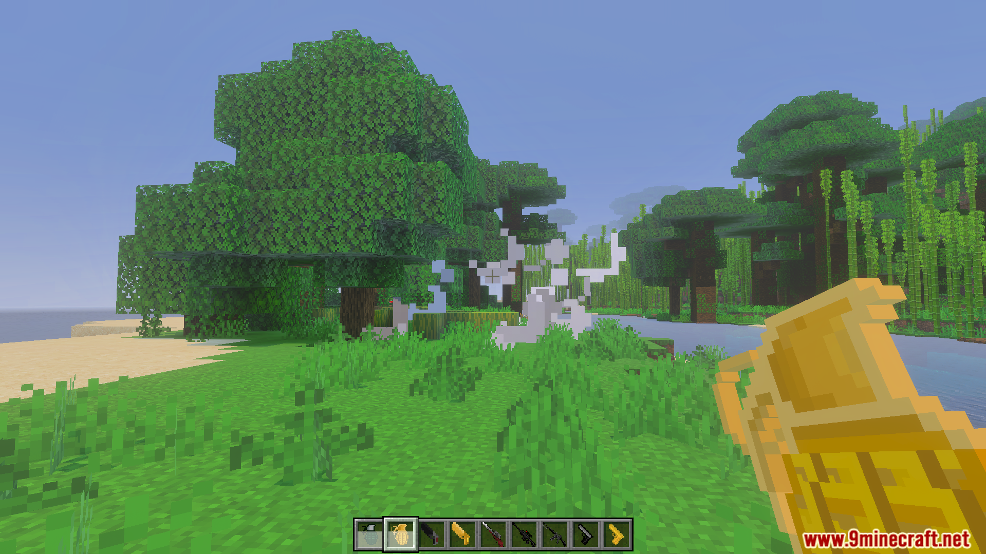 Gun Expansion Addon Screenshot 4 Player throwing a gold grenade near a jungle tree
