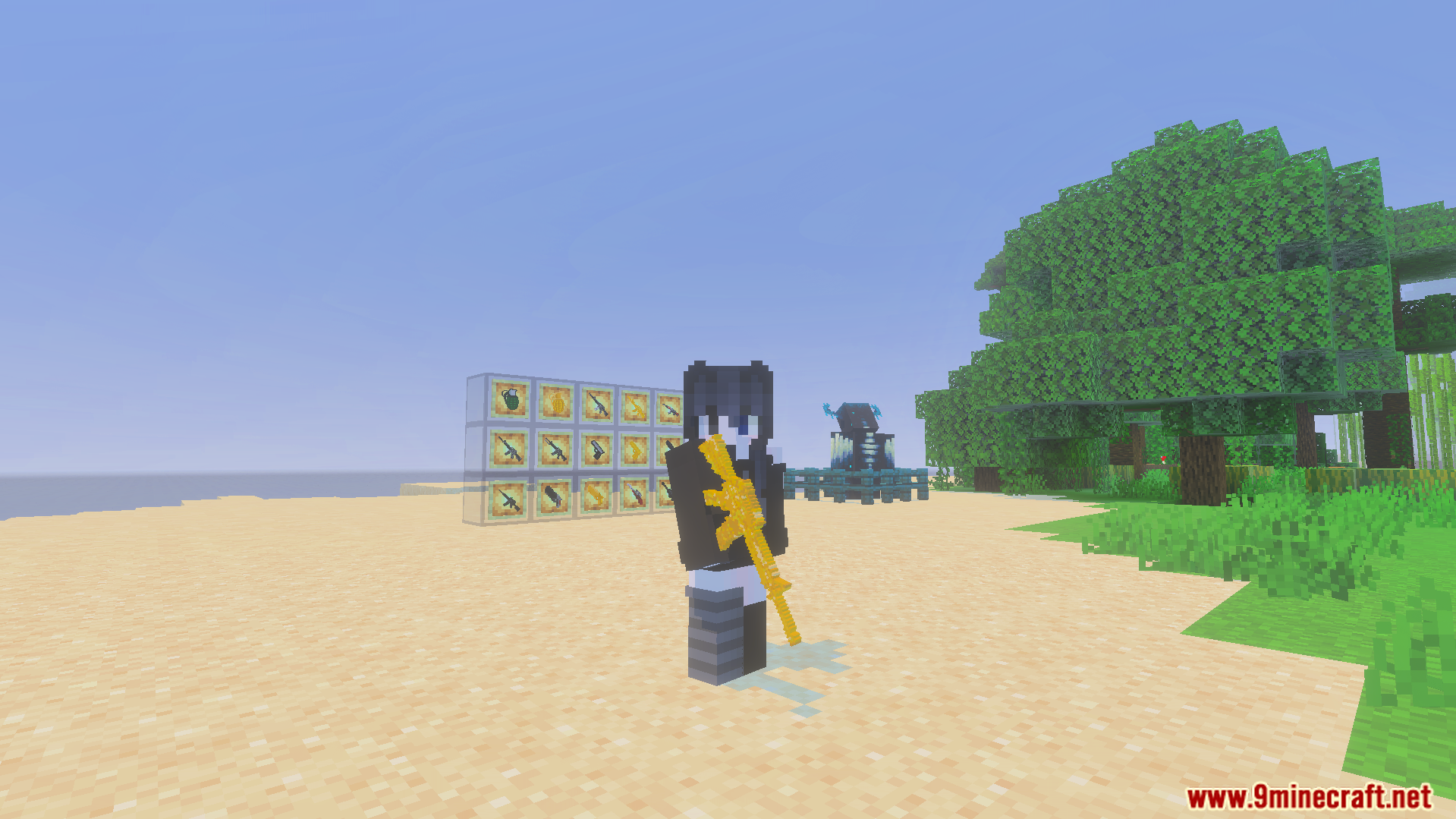 Gun Expansion Addon Screenshot 7 Player holding a golden gun next to item frames displaying various weapons