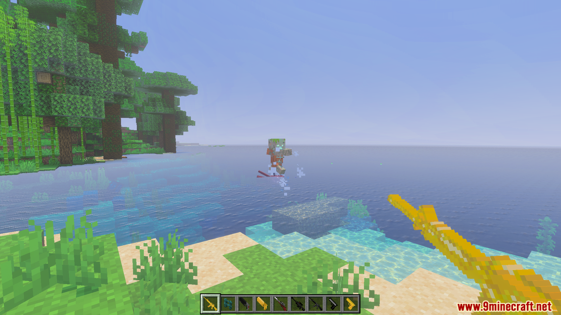 Gun Expansion Addon Screenshot 8 Player aiming a golden gun at a zombie in the water