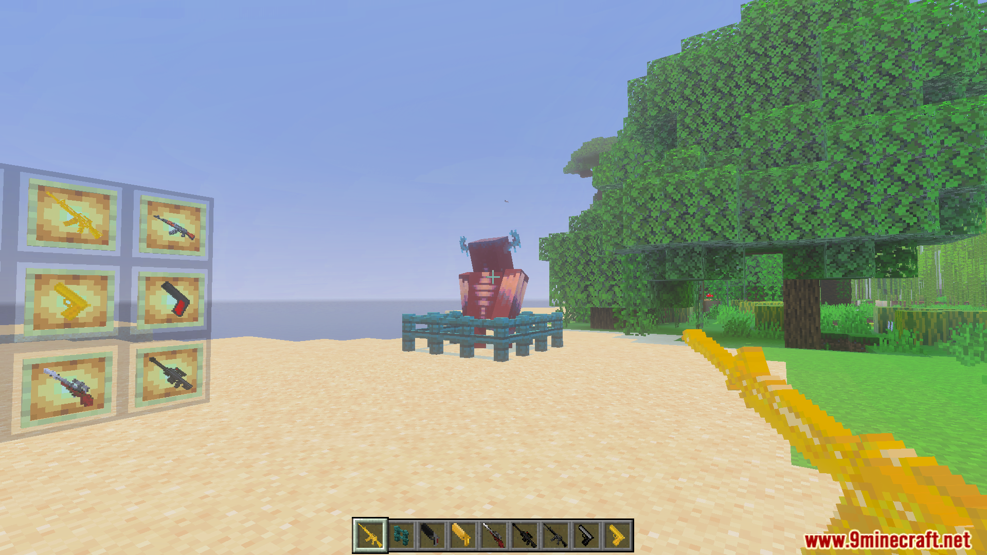 Gun Expansion Addon Screenshot 9 player aiming gold weapon variant at mob near blocky gun models display