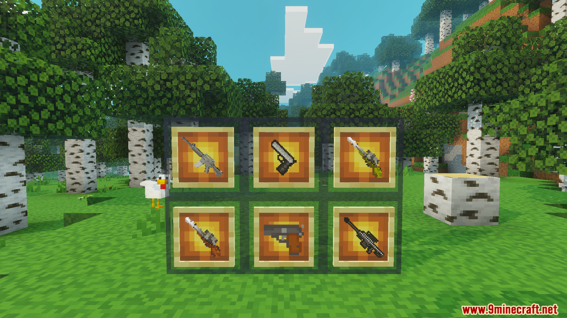 Gun Plus Addon Screenshot 2 various military weapons like sniper rifles and pistols displayed in item frames