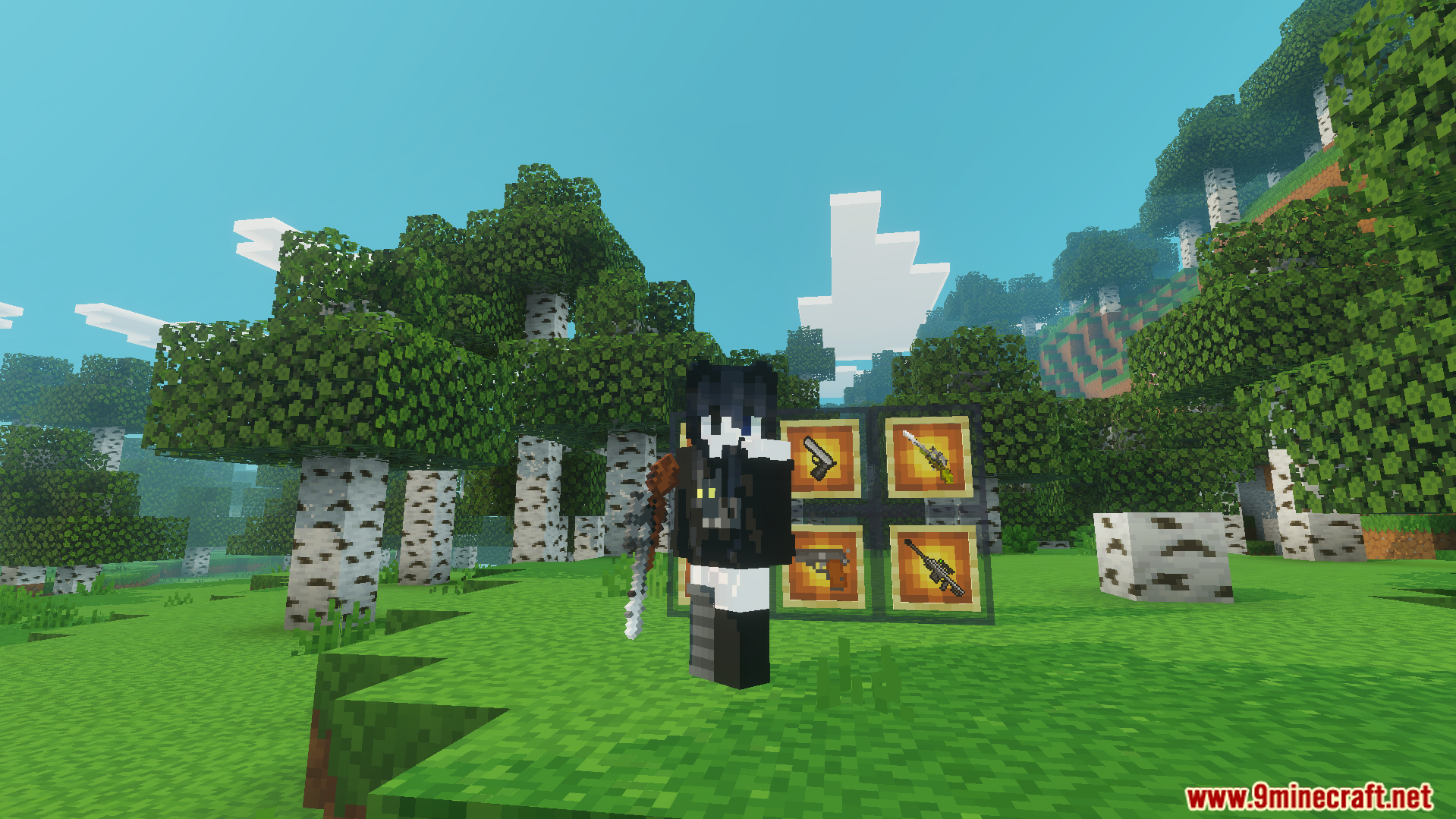 Gun Plus Addon Screenshot 3 Player holding a weapon next to pistols and sniper rifles on display