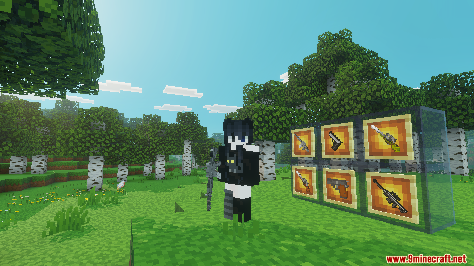 Gun Plus Addon Screenshot 4 Character showing a collection of crafted military weapons mounted on glass blocks