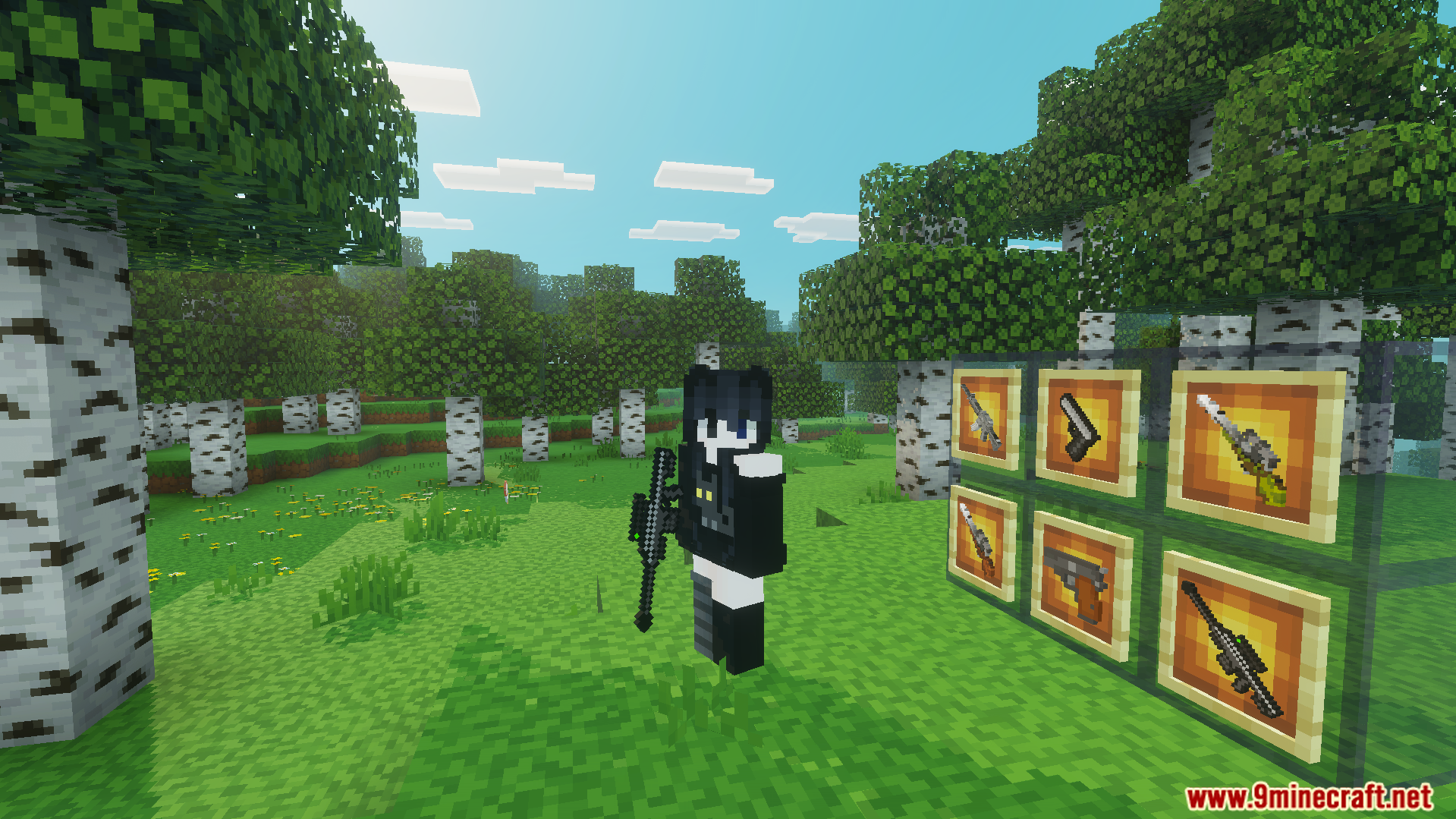Gun Plus Addon Screenshot 5 Player holding a gun next to item frames displaying various military weapons