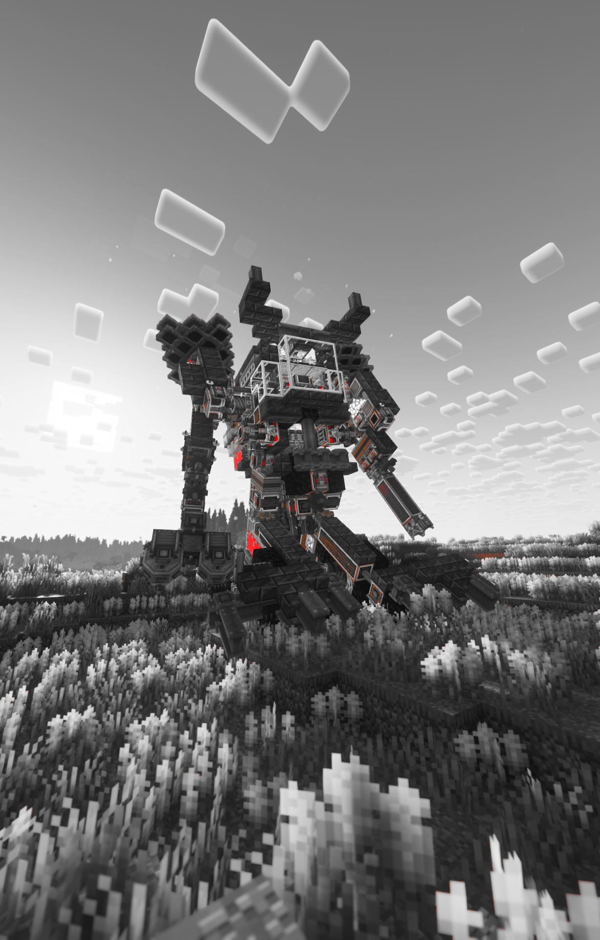 HELL MECHA Schematic Screenshots 2 A massive mechanical robot stands tall in a field of white flowers