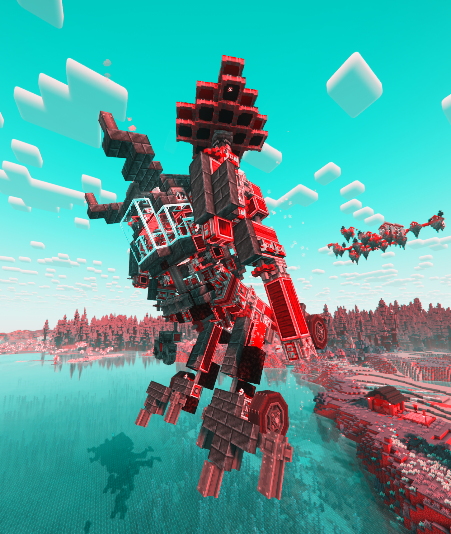 HELL MECHA Schematic Screenshots 5 The HELL MECHA robot flying through a vibrant red colored sky