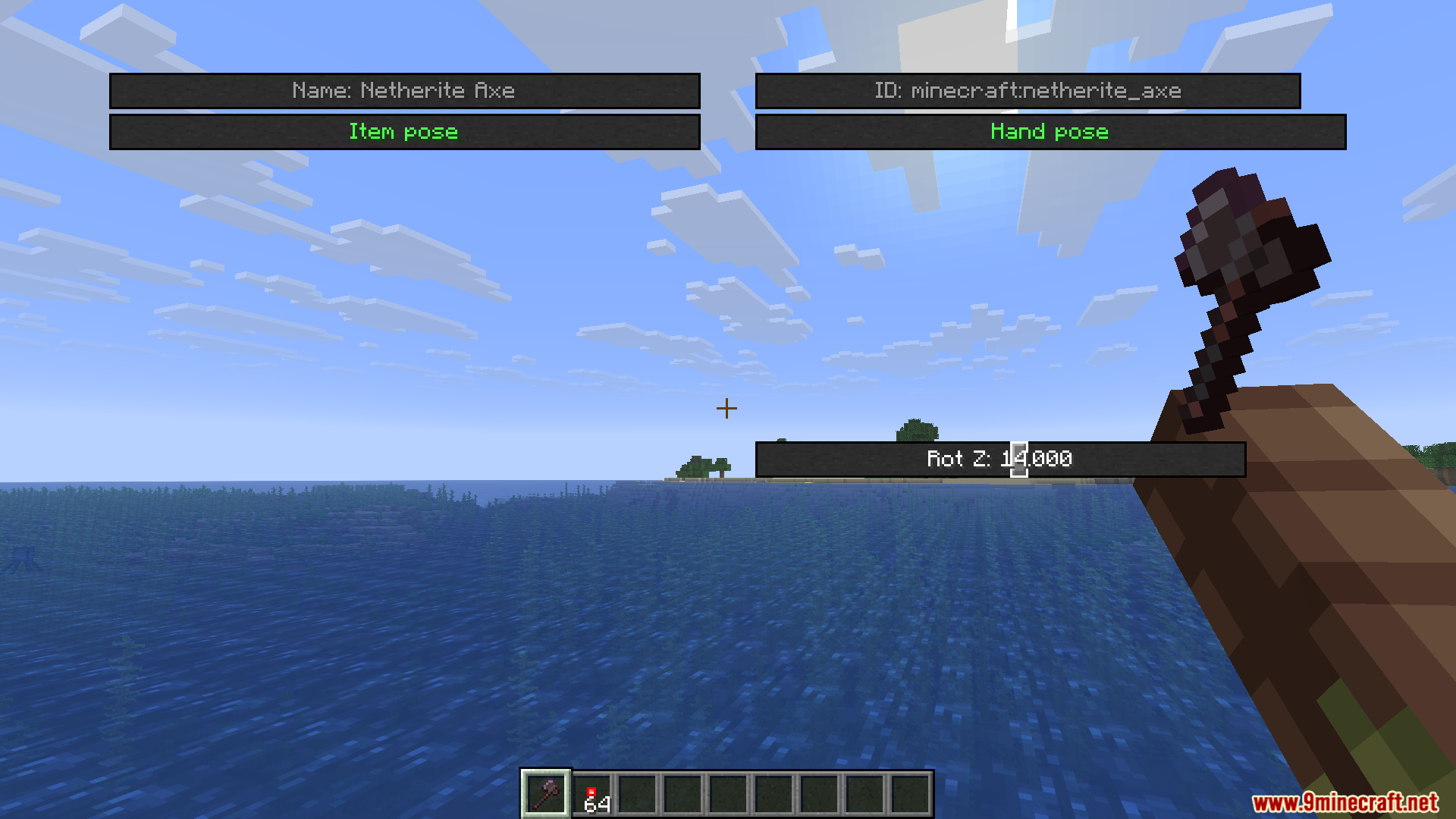 HMI Pose Editor Mod Screenshot 7 Minecraft interface showing rotation settings for a held Netherite Axe item