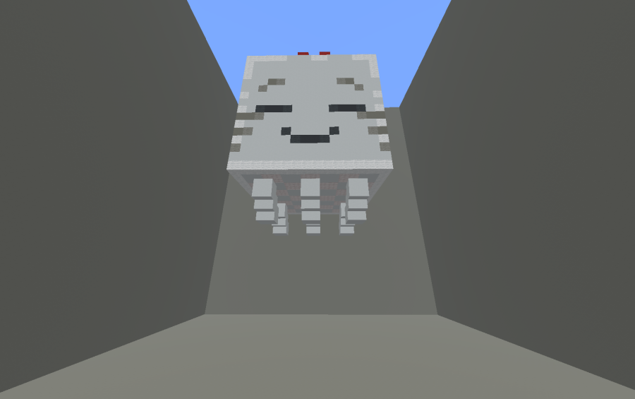 Happy Ghast with a Heart Schematic Screenshots 3 Low angle view of a friendly Ghast statue floating inside a grey room