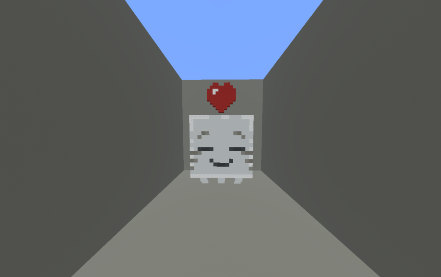 A friendly Ghast statue with a happy face and a floating red heart