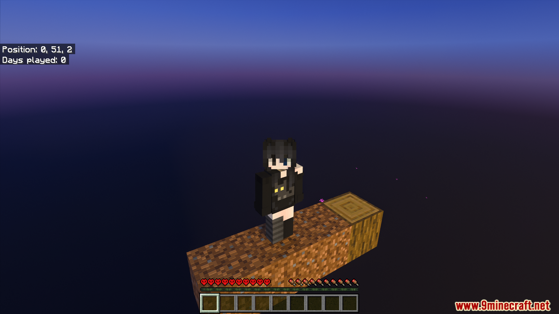 A player starts their survival journey on a single floating block