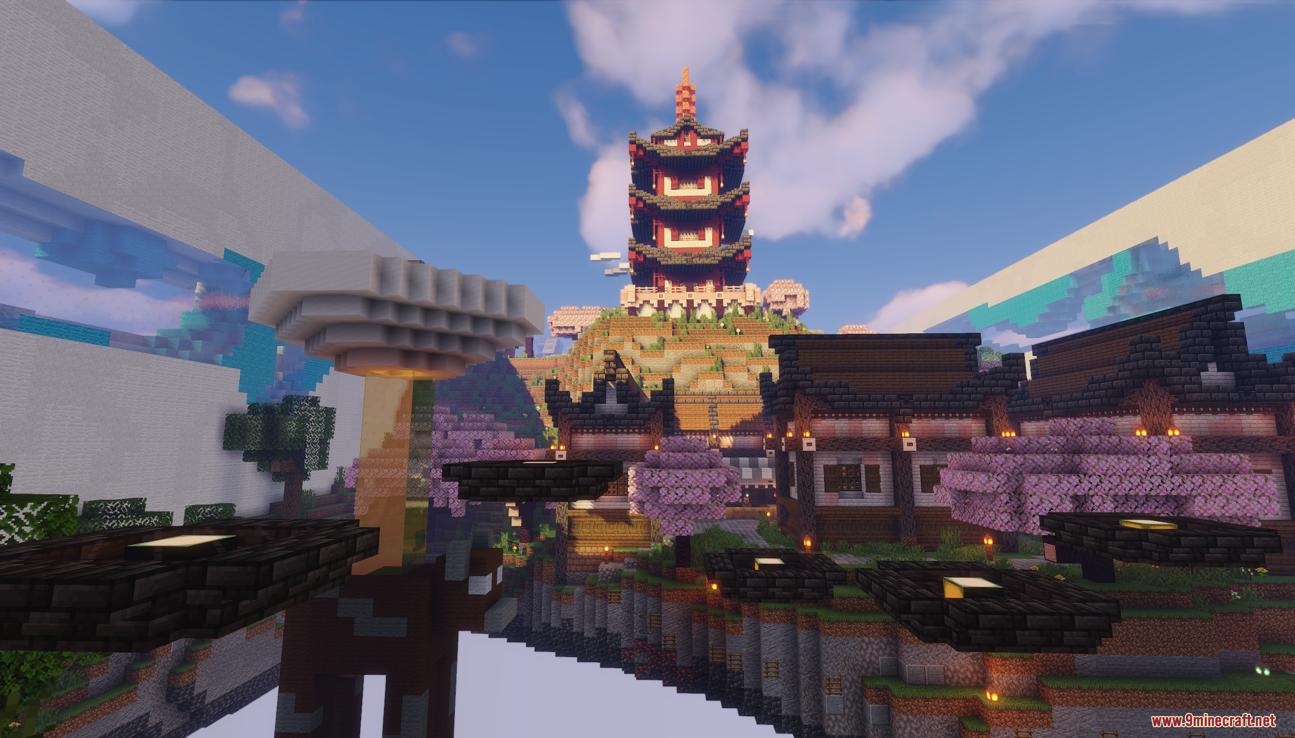 A tall pagoda overlooks a floating Japanese village