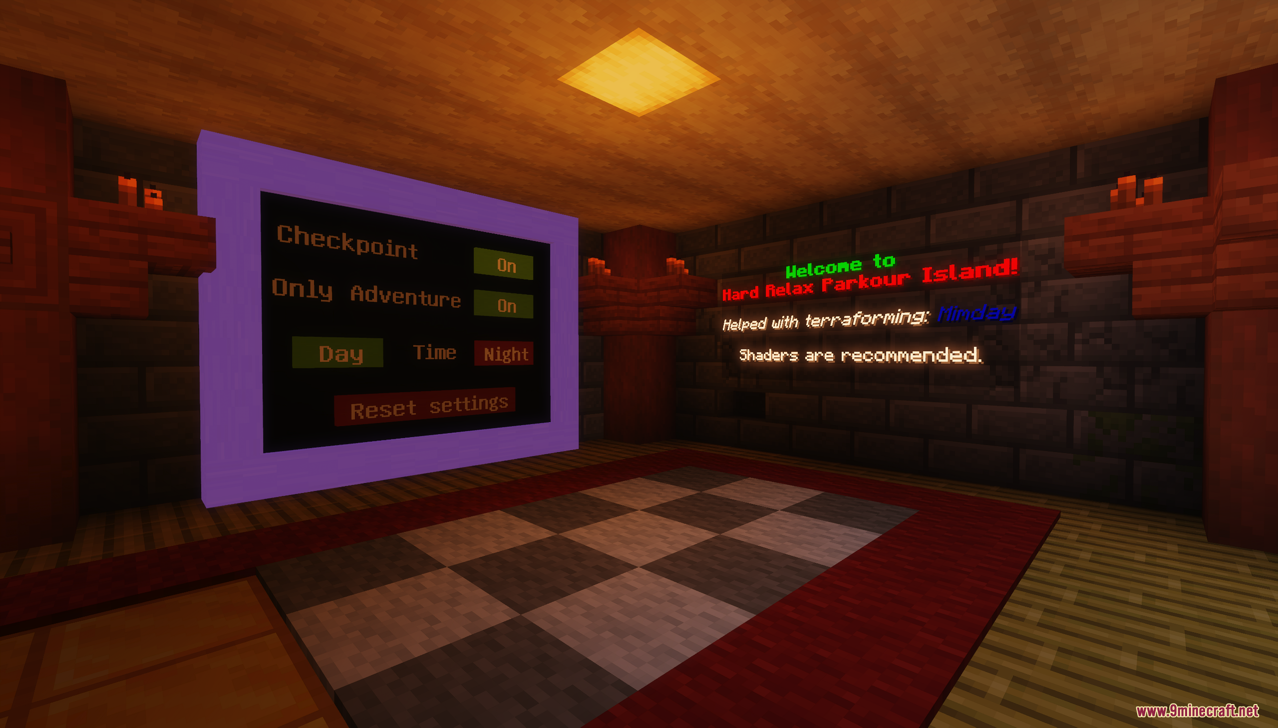 A parkour map lobby with adjustable game settings