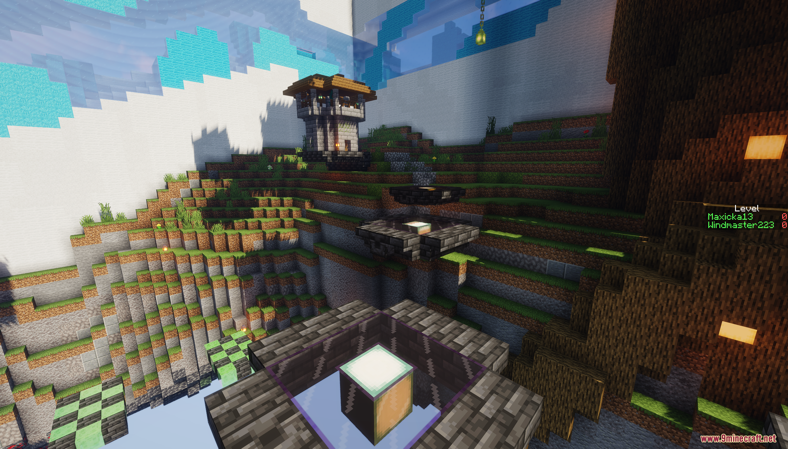 Navigating a parkour course on a terraced floating island