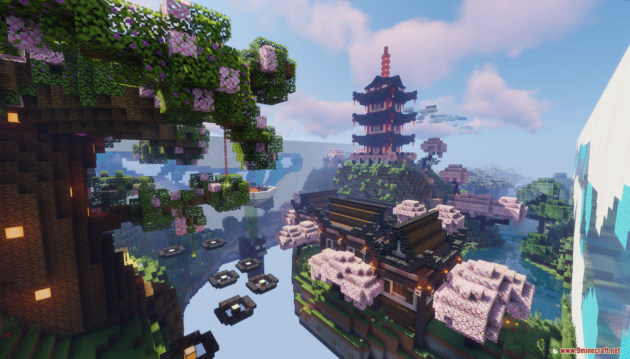 Floating Japanese village with pink cherry blossom trees