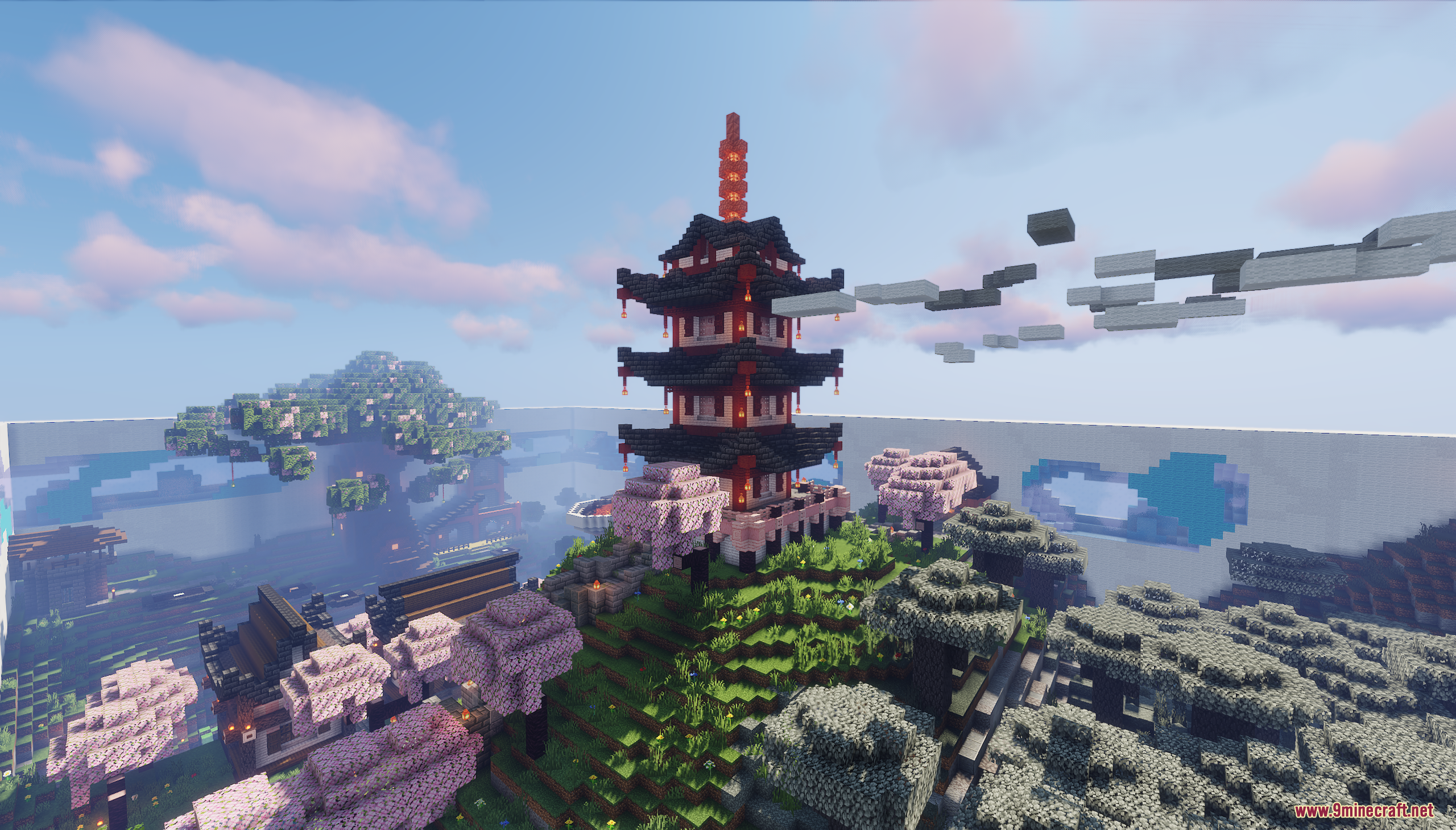 A tall Japanese pagoda sits atop a floating island