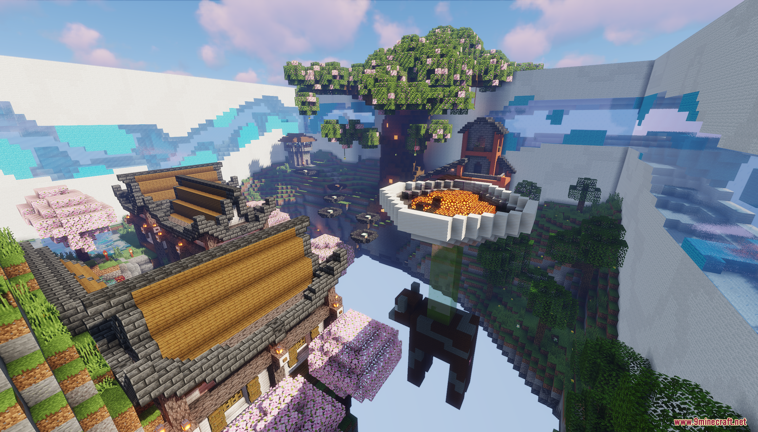 Aerial view of a Japanese village with a giant tree
