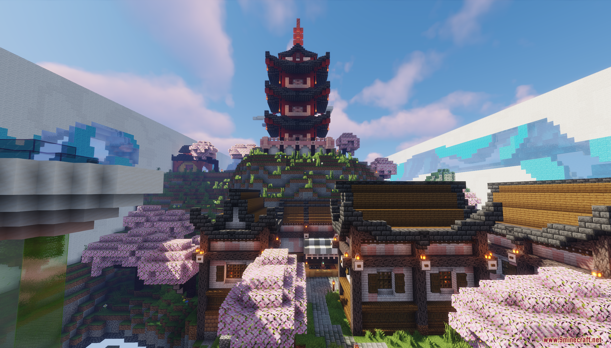 A path leads through a Japanese village towards a pagoda