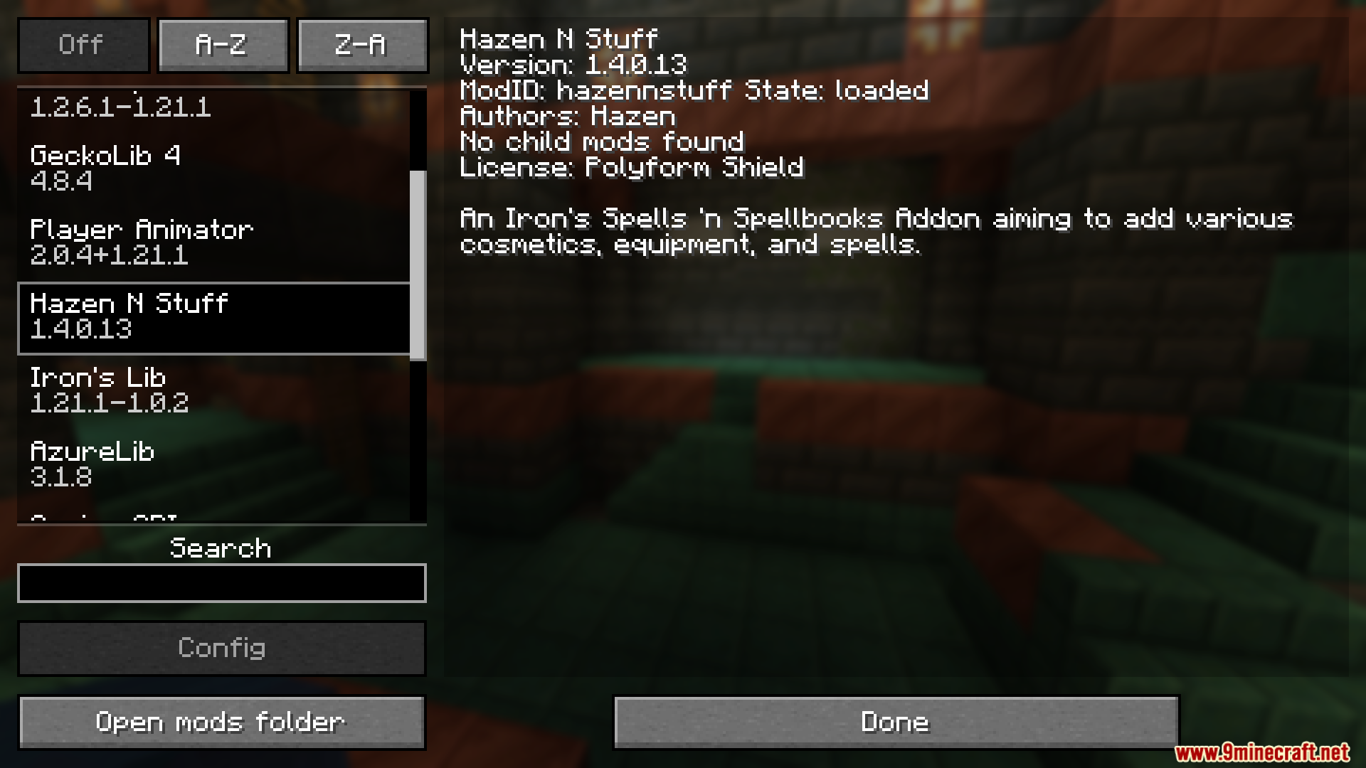 Hazen N Stuff Mod Screenshot 1 Minecraft mod menu showing Hazen N Stuff addon details